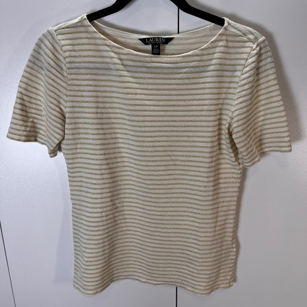 Ralph Lauren Women's S Petite Gold Stripe Short Sleeve Top Casual Chic Capsule